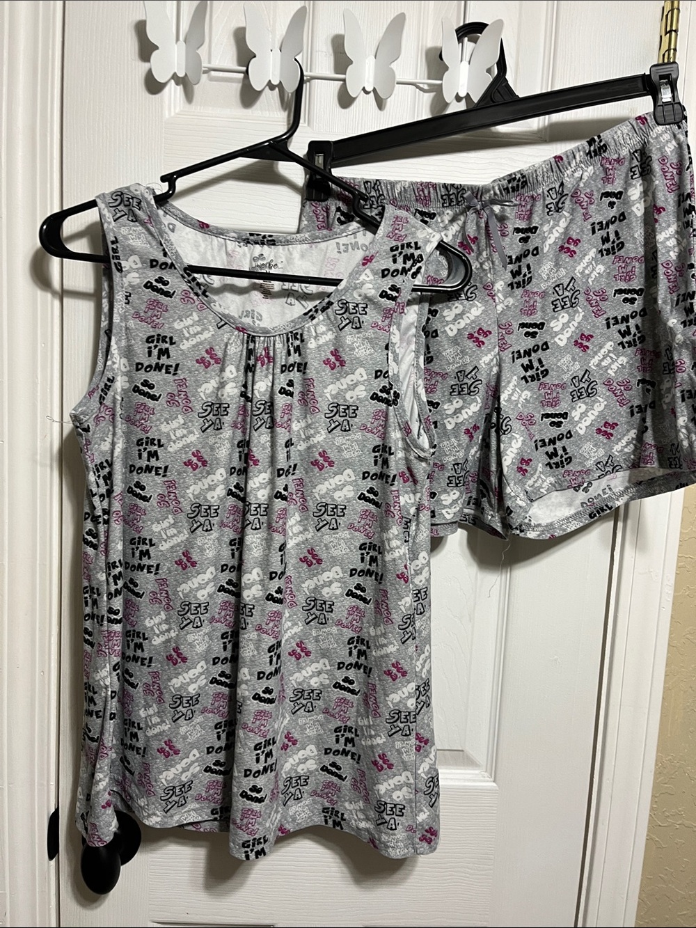 just be Grey Sleep Tank & Shorts Set with Pink Accent Print